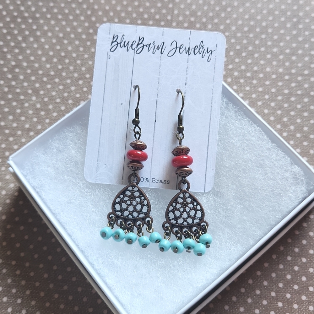 Handmade Boho Red & Turquoise Dangle Earrings